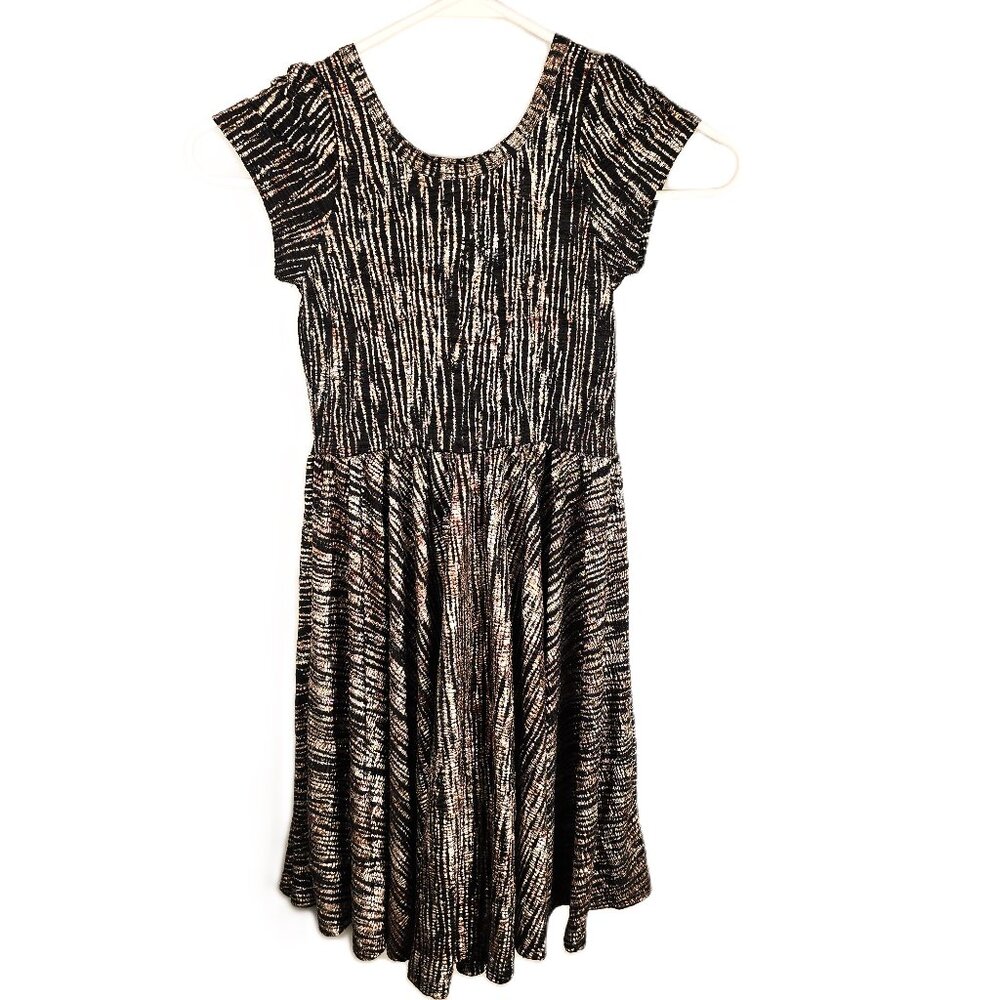 LuLaRoe Girls Dress Size 8/10 Black Copper Elastic Waist Cap Sleeves Fit & Flare